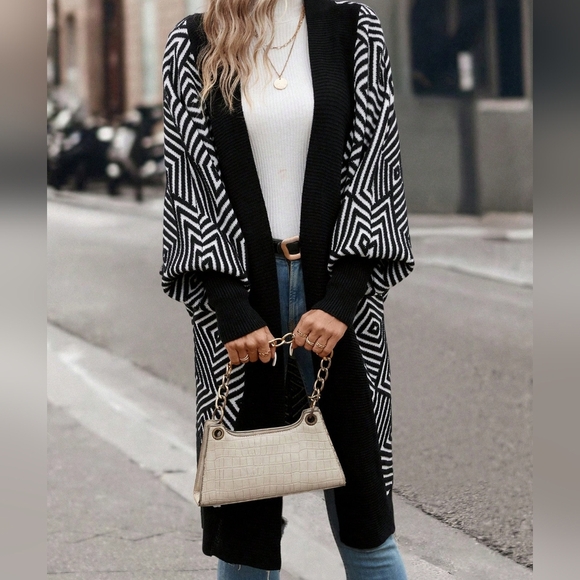 Geo Pattern Lantern Sleeve Duster Cardigan - Picture 1 of 4
